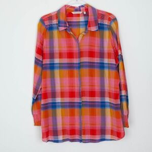 Soft Surroundings Womens Crinkle Button Down Plaid Shirt Size XL‎ Embroidered